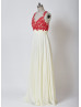 Beaded Red Lace Champagne Chiffon Criss Cross Back Prom Dress